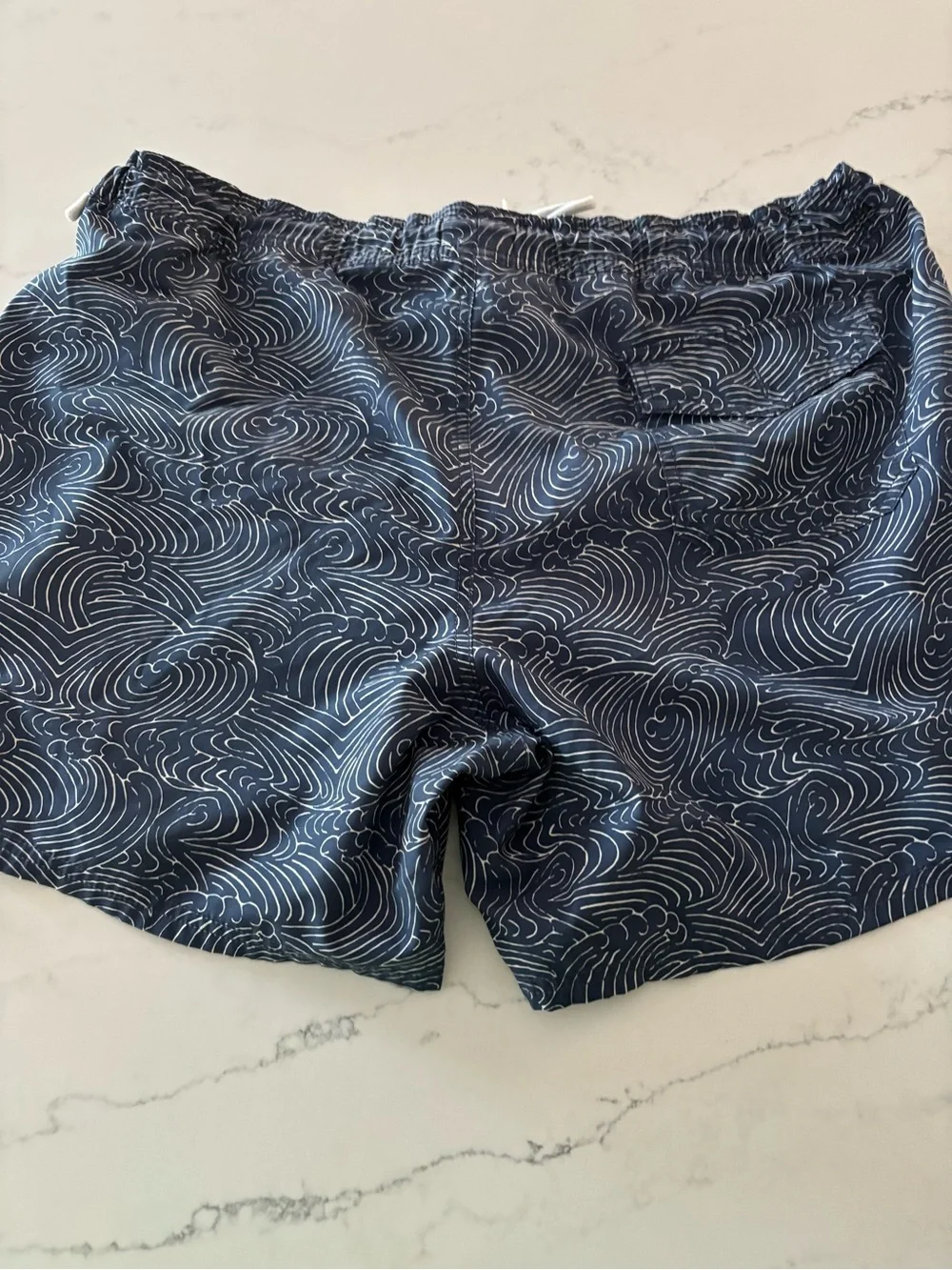 J. Crew Navy & White Patterned Swim Trunks with Coral Accent